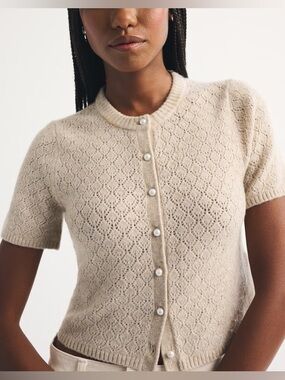 Abercrombie & Fitch Merino Wool-Blend Short-Sleeve Cardigan in Taupe